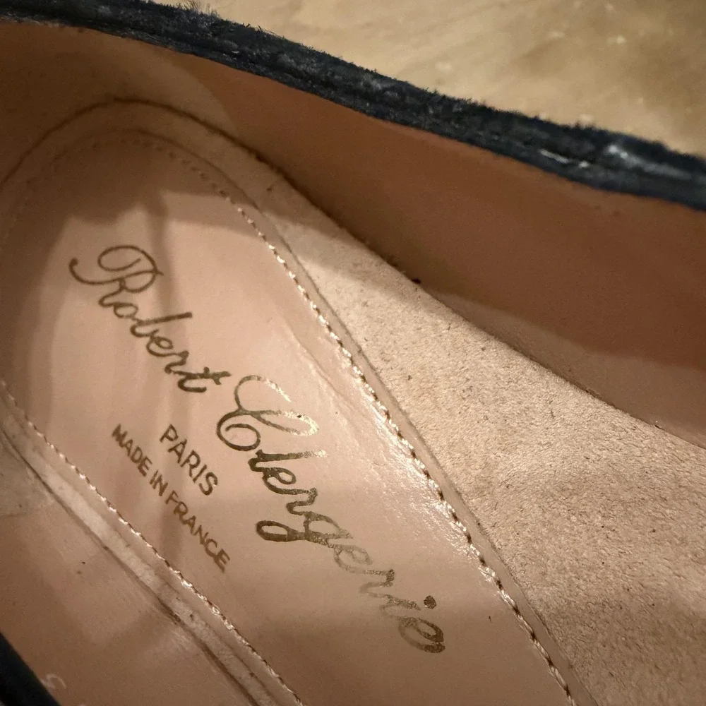 Robert Clergerie Black Suede Flats with Gold Toe Cap